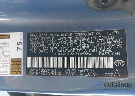 2006 Toyota Prius z USA, uszkodzony, nr VIN JTDKB20U363145364